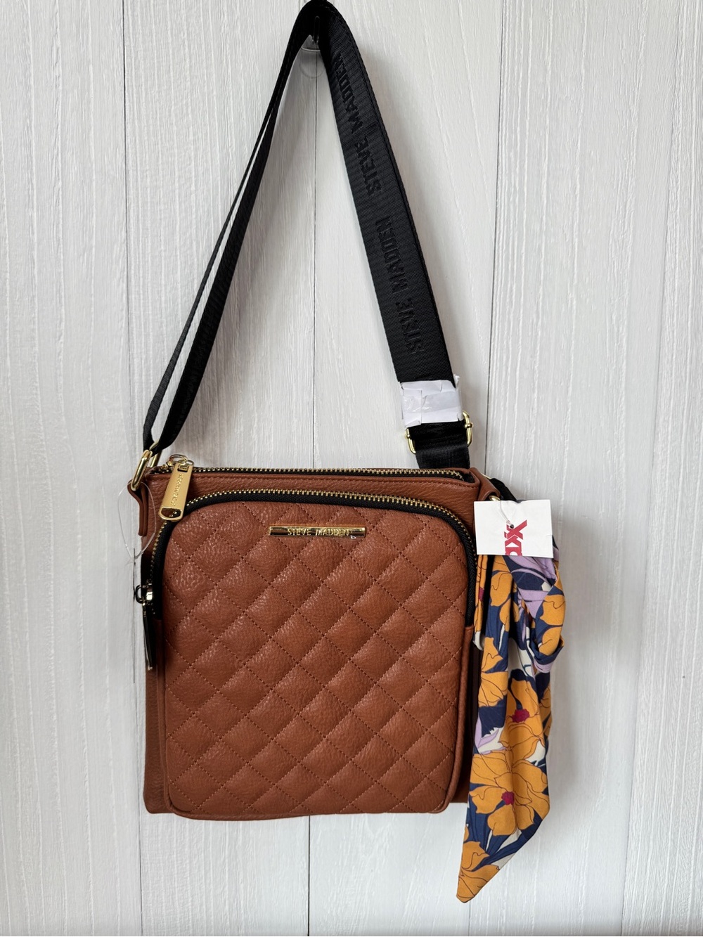 Steve Madden brown quilted crossbody bag with Floral Scarf